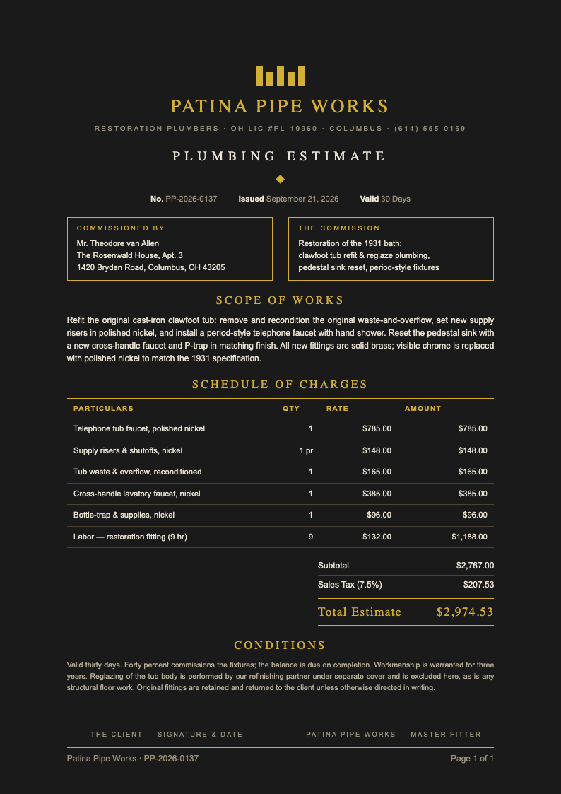 Art deco modern plumbing estimate